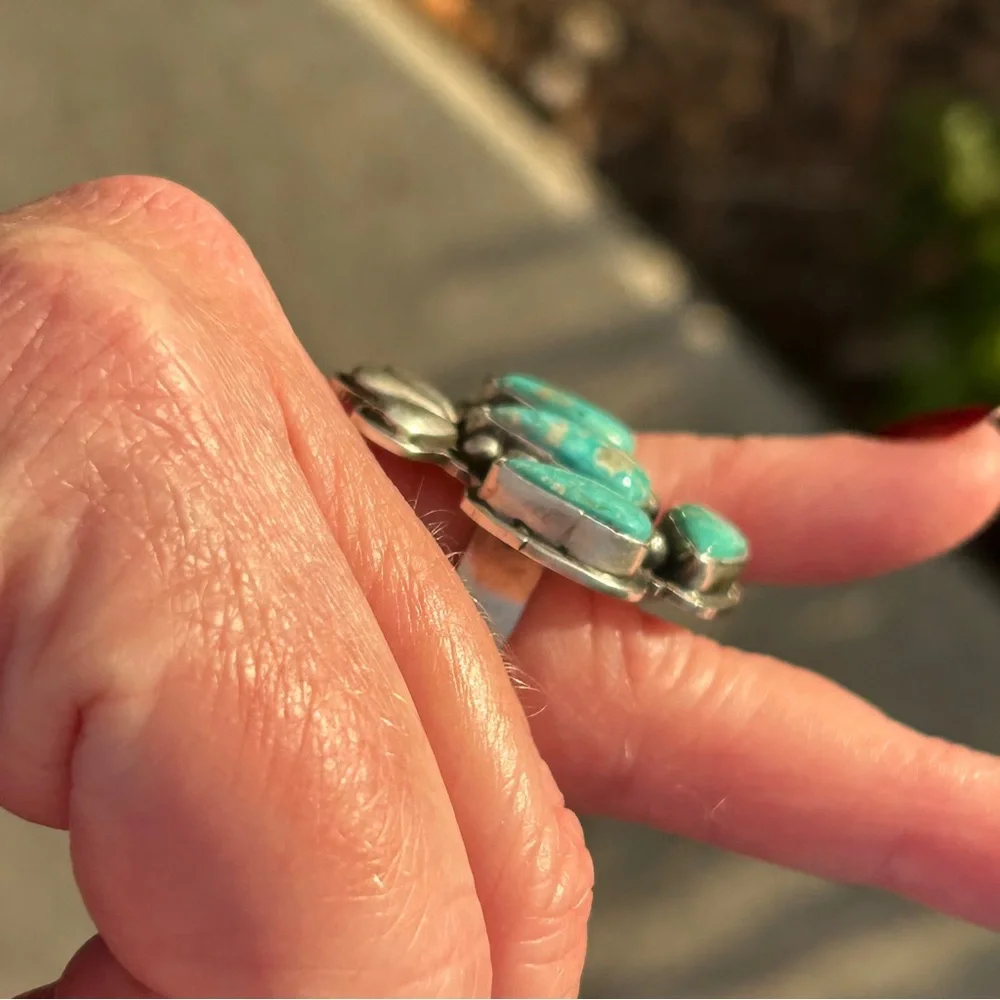 Russell Sam Native American White Water Turquoise Sterling Statement Ring - Picture 13 of 14